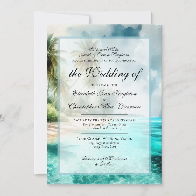 Invitation Mariage Formel Plage Tropicale & Palmiers (Devant)