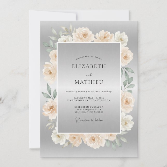 Invitation Mariage Formel Poli Gris Argent (Devant)