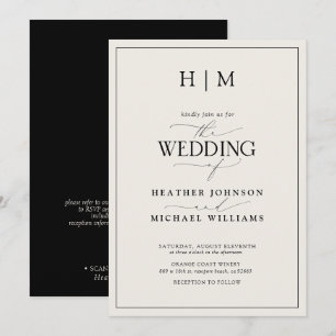 Invitation Mariage Formel QR Code Noir Ivoire Monogramme Scri