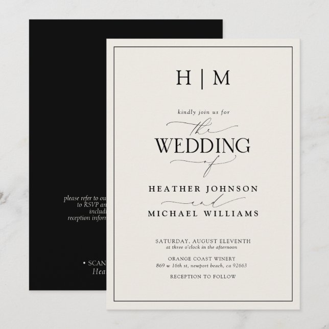 Invitation Mariage Formel QR Code Noir Ivoire Monogramme Scri (Devant / Derrière)