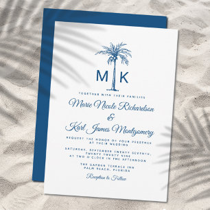 Invitation Mariage Formel sur la Plage au Palmier Bleu Monogr