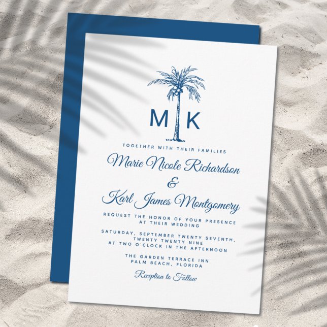 Invitation Mariage Formel sur la Plage au Palmier Bleu Monogr (Elegant Monogram Palm Tree Formal Beach Wedding Invitation)
