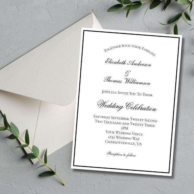 Invitation Mariage Formel Traditionnel Classique Noir et Blan (Black White Classic Formal Elegant Wedding invitation with Black border. Digital or Printed.)
