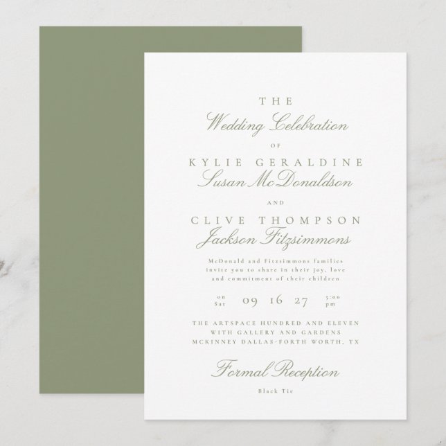 Invitation Mariage Formel Traditionnel Classique Vert Sauge (Devant / Derrière)