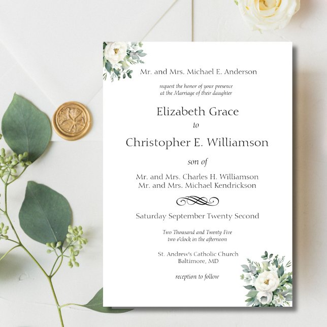 Invitation Mariage Formel Traditionnel de Floraison de Verdur (White Floral Traditional Classic Elegant, Both Parents names, Wedding Invitation)