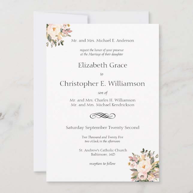 Invitation Mariage Formel Traditionnel de Floraison Verte Ros (Devant)