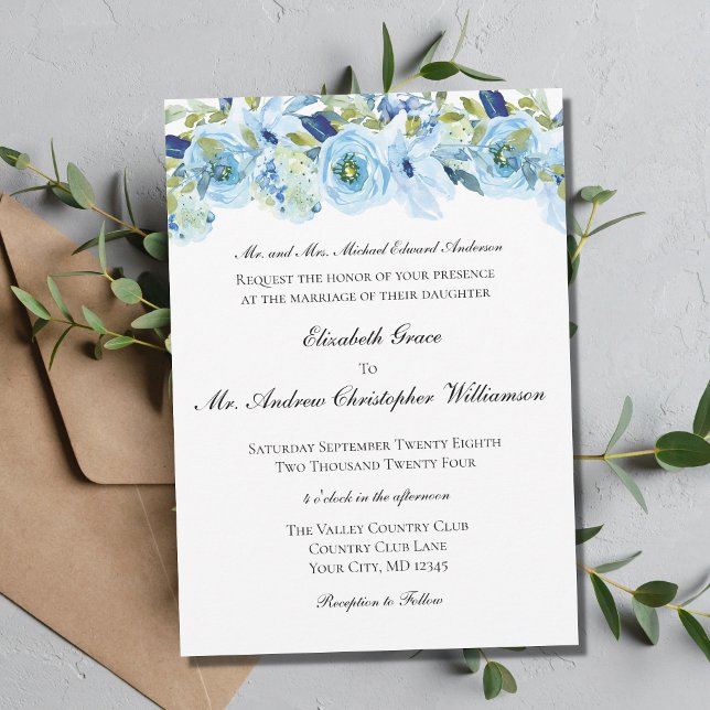 Invitation Mariage Formel Traditionnel Élégant Floral Bleu  (Créateur téléchargé)