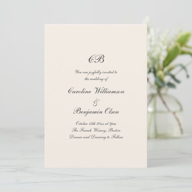 Invitation Mariage Formel Traditionnel Noir Ivoire Monogramme (Debout devant)