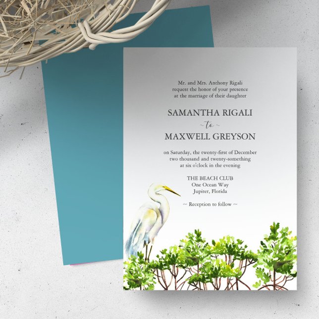 Invitation Mariage Formel Tropical Aquarelle Oiseau (Destination wedding invitations watercolor great white heron and mangroves art Victoria Grigaliunas)