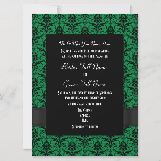 Invitation Mariage formel vert et noir damassé (Devant)