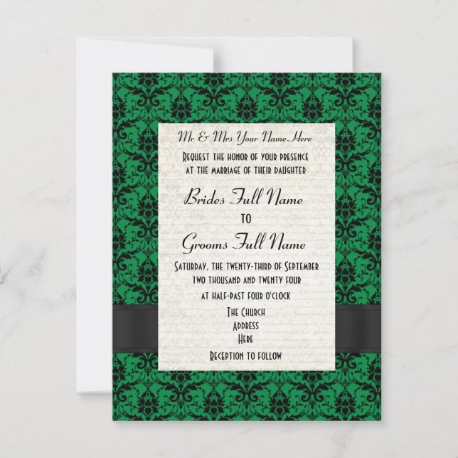 Invitation Mariage formel vert et noir damassé (Devant)