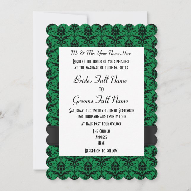 Invitation Mariage formel vert et noir damassé (Devant)