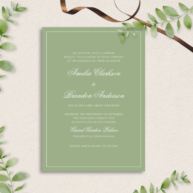 Invitation Mariage Formel Vert Sauge Réel Bordure Script (Créateur téléchargé)