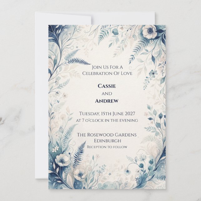 Invitation Mariage Fougère de Forêt Bleue Anémone (Devant)