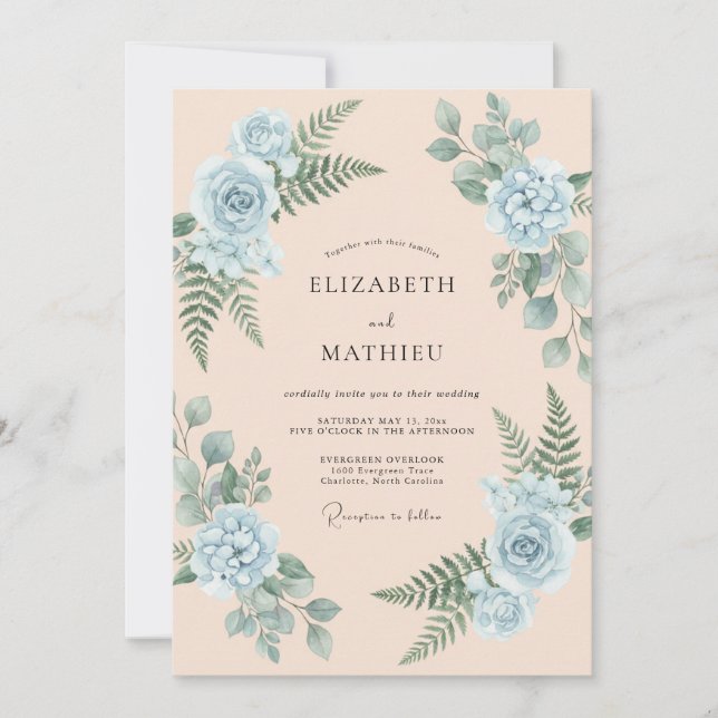 Invitation Mariage Fougère Pervenche Champagne (Devant)