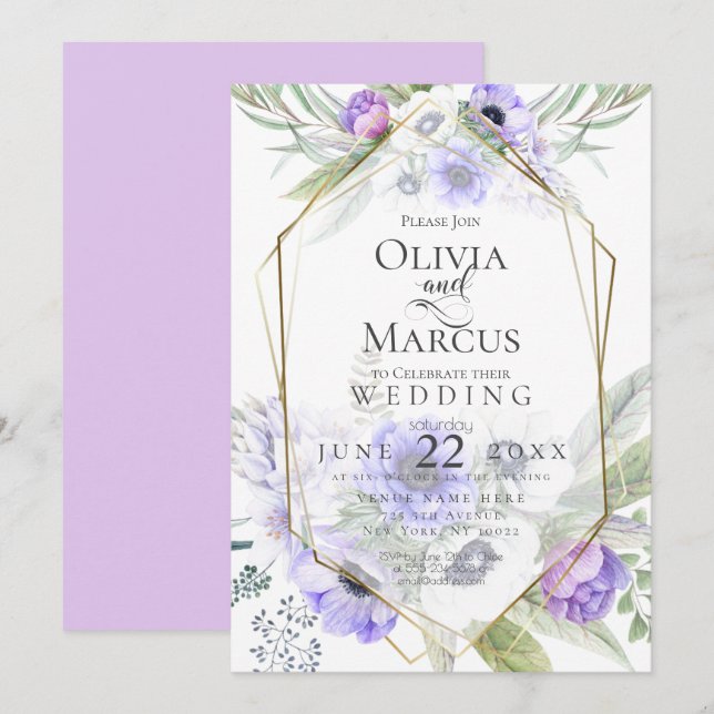 Invitation Mariage | Frame à fleurs d'anémone violet (Devant / Derrière)