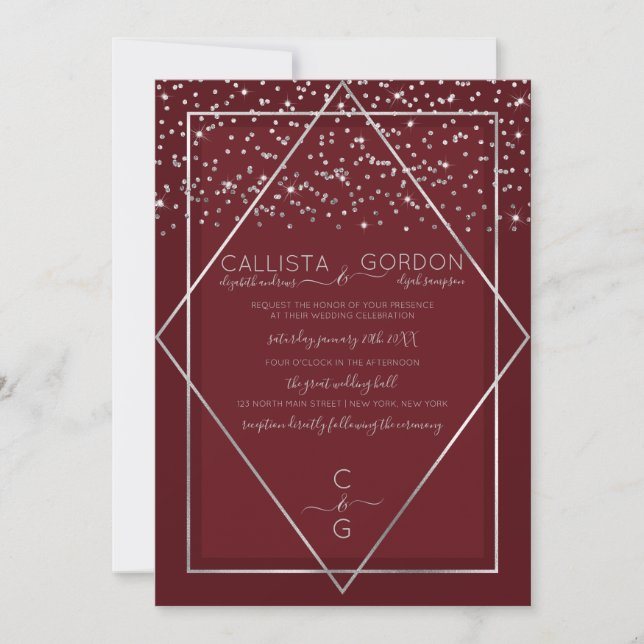Invitation Mariage frontalier de Confetti Geo en argent rouge (Devant)