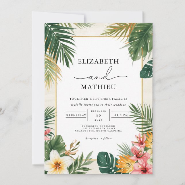 Invitation Mariage frontalier de la feuille tropicale (Devant)