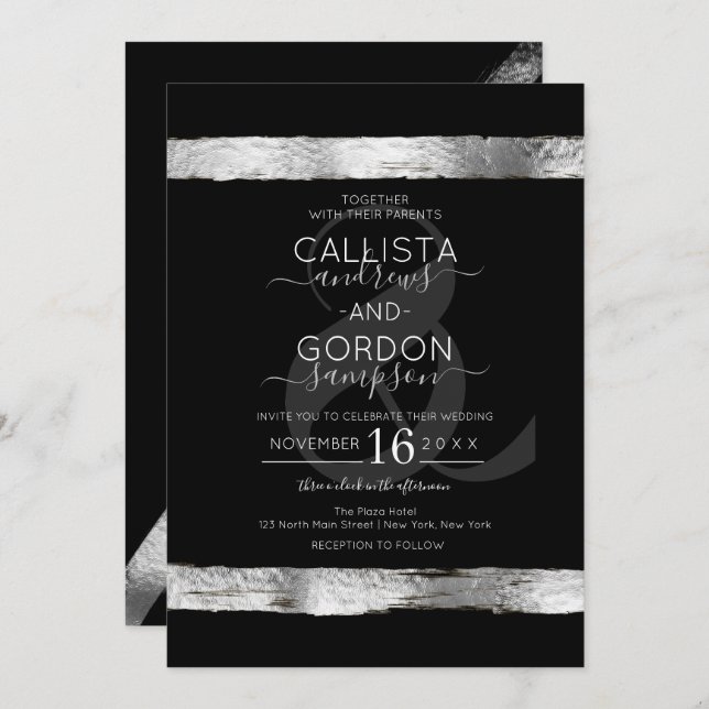 Invitation Mariage frontalier de luxe en argent noir brosse (Devant / Derrière)