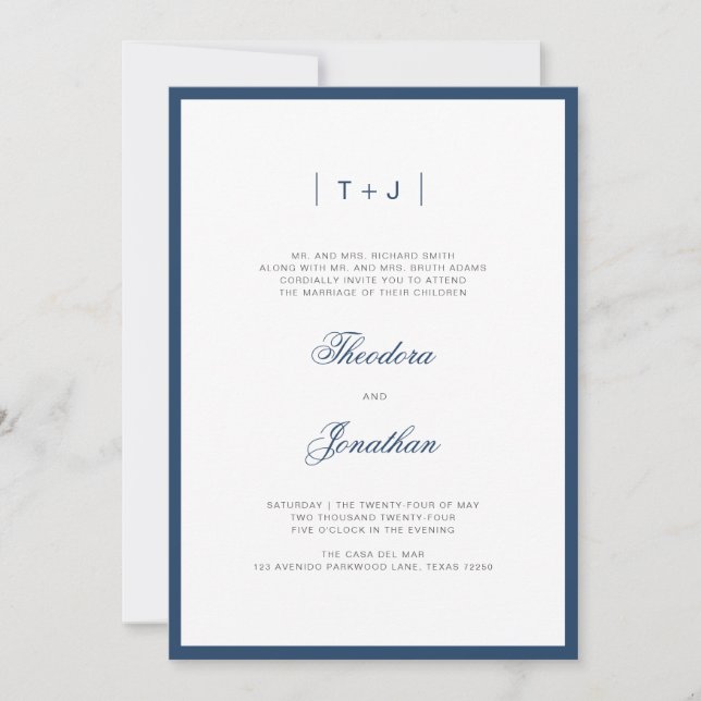Invitation Mariage frontalier de Monogramme moderne bleu mari (Devant)