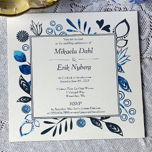 Invitation Mariage frontalier des fleurs Feuilles bleues et b
