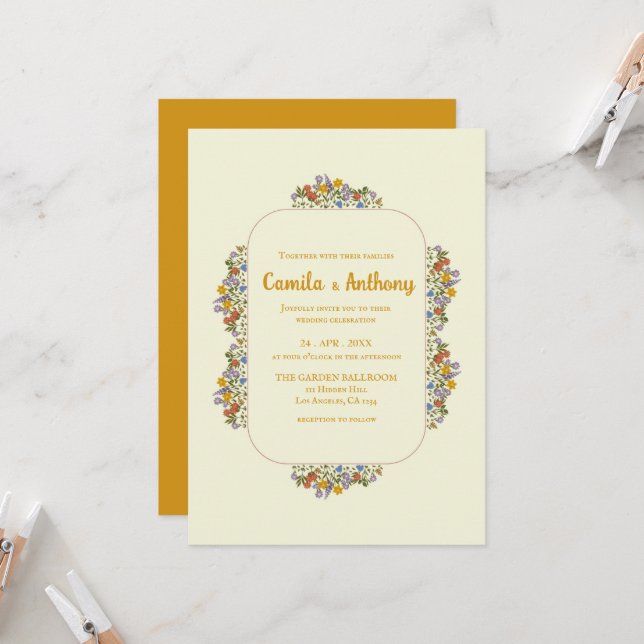 Invitation Mariage frontalier Fleur sauvage beige coloré (Devant/Arrière en situation)