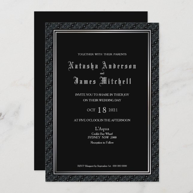Invitation Mariage frontalier noir et blanc décoratif (Devant / Derrière)