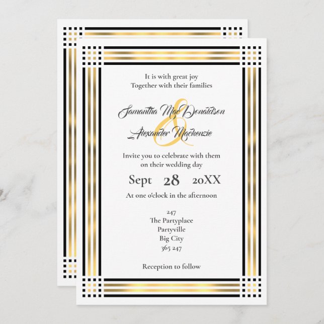 Invitation mariage frontalier noir et or (Devant / Derrière)