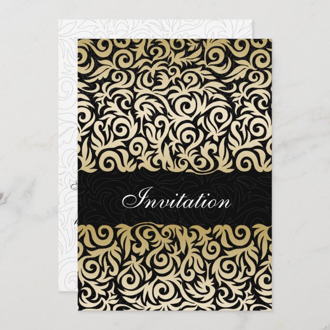 Invitation mariage frontalier noir et or noir (Devant / Derrière)