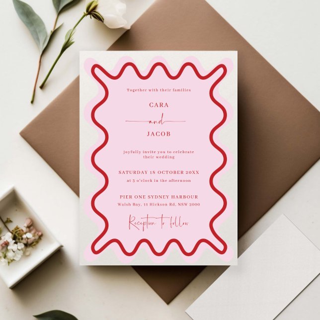 Invitation Mariage frontalier rouge vif rose (Créateur téléchargé)