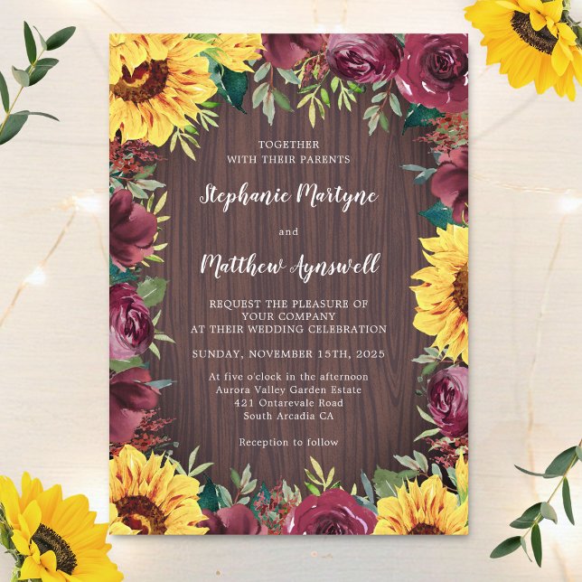 Invitation Mariage frontalier rustique en bois de tournesol (Créateur téléchargé)