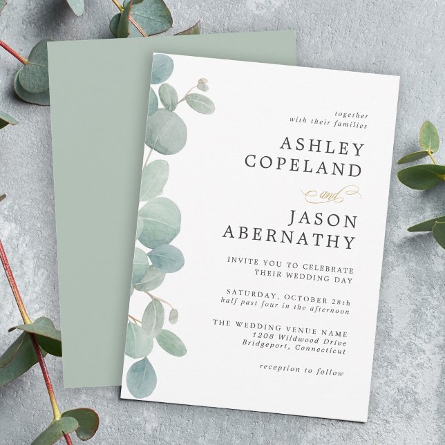 Invitation Mariage frontalier simple Eucalyptus (A simple watercolor eucalyptus border make this wedding invite a versatile choice for all seasons.)