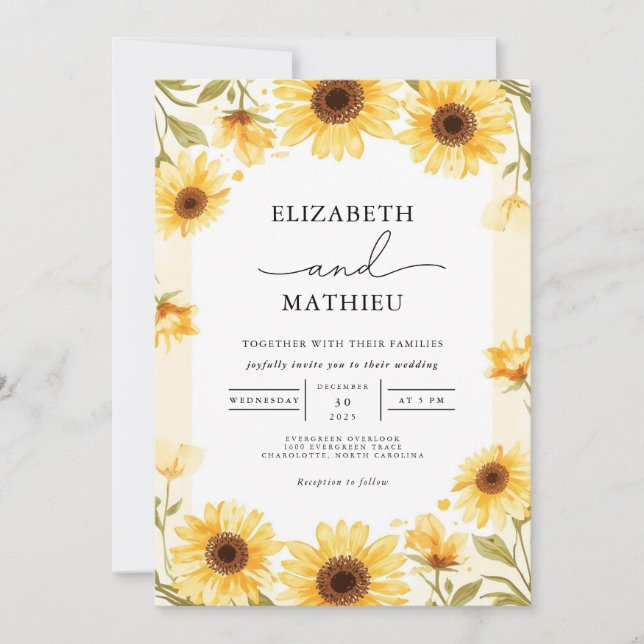Invitation Mariage frontalier Sunny Sunflower (Devant)