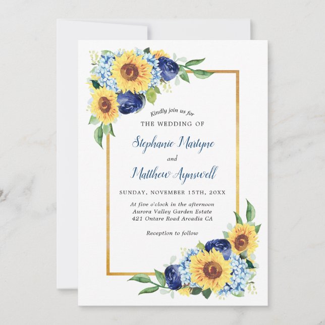 Invitation Mariage frontière bleu floral bleu foncé (Devant)