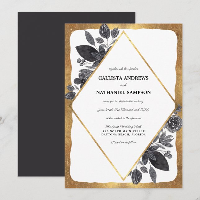 Invitation Mariage frontière or noir blanc floral diamant (Devant / Derrière)