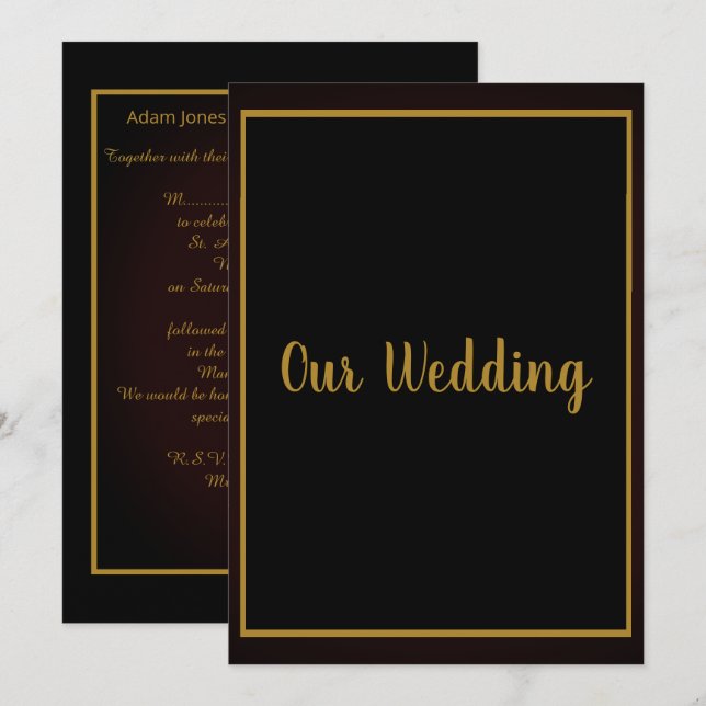 Invitation Mariage frontière or noir simple et élégant (Devant / Derrière)