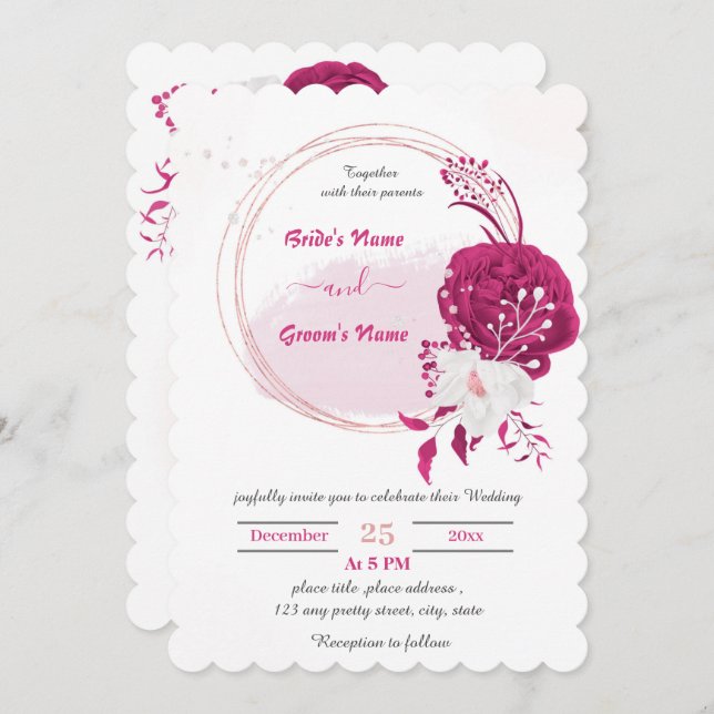 Invitation mariage fuchsia & blanc à couronne florale (Devant / Derrière)