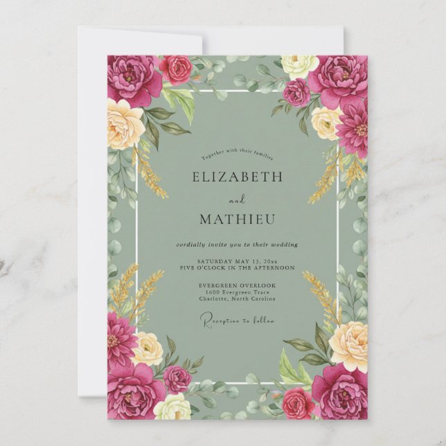 Invitation Mariage Fuchsia Céladon Ranunculus Eucalyptus (Devant)