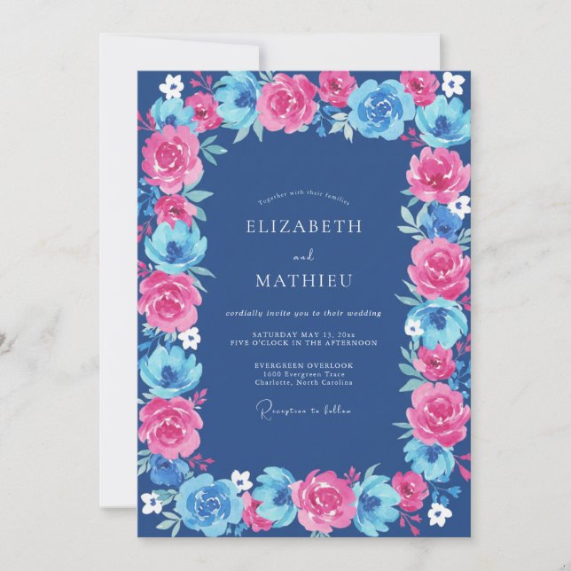 Invitation Mariage Fuchsia Cobalt Ranunculus Eucalyptus (Devant)
