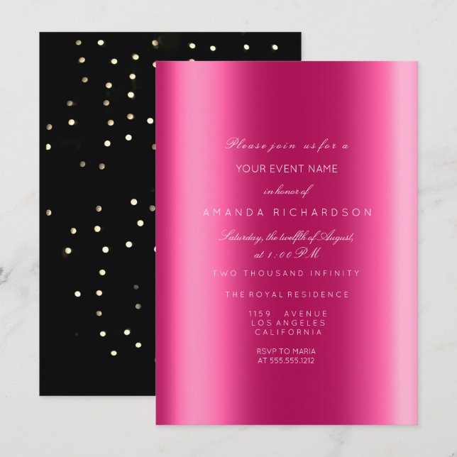 Invitation Mariage Fuchsia Confetti Noir Sépia Métallisé Étin (Devant / Derrière)