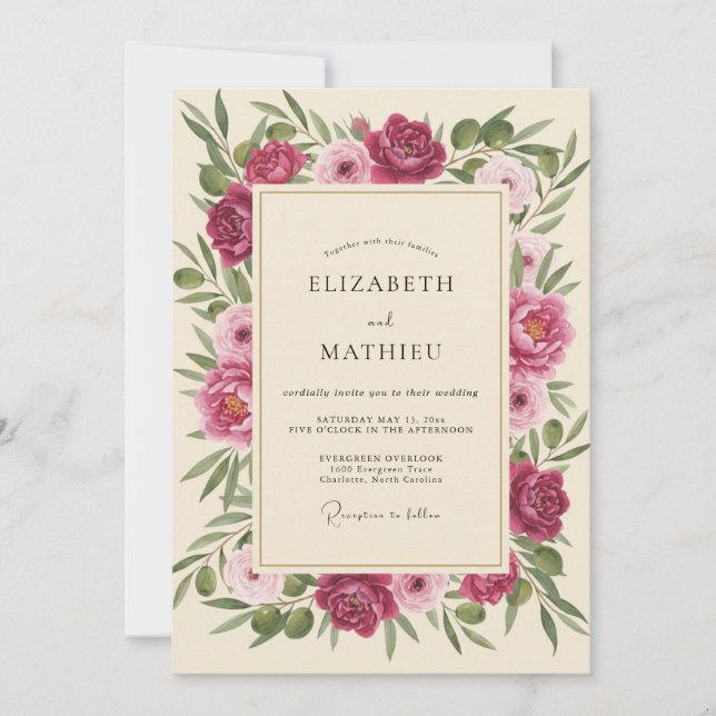 Invitation Mariage Fuchsia Crème Fleurie (Devant)