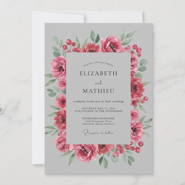 Invitation Mariage Fuchsia Gris Petale (Devant)
