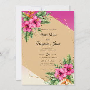Invitation Mariage Fuchsia Hibiscus Tropical Eucalyptus Gris