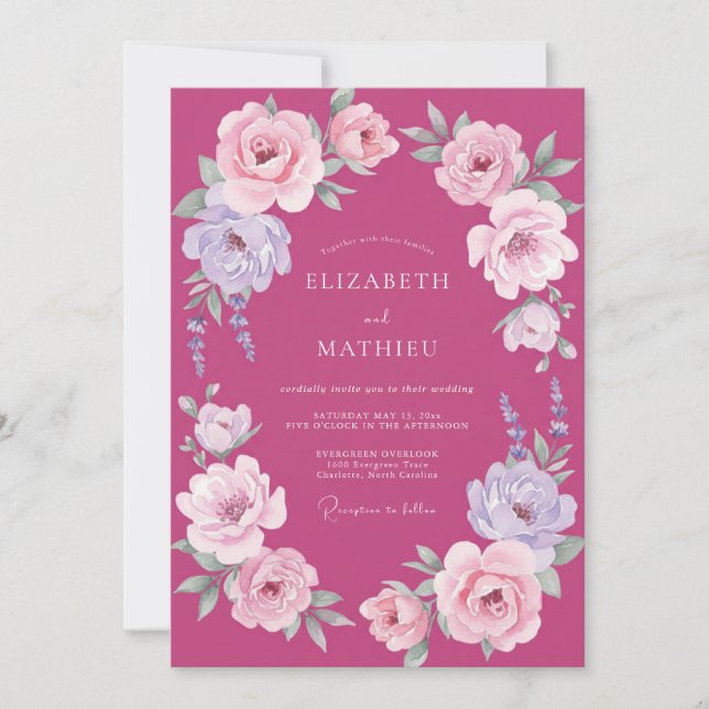 Invitation Mariage Fuchsia Lilas Ranunculus Eucalyptus (Devant)