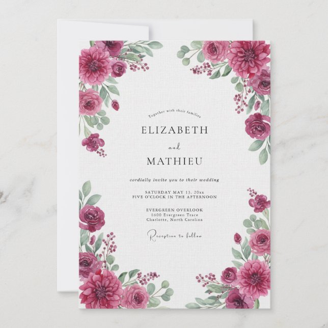 Invitation Mariage Fuchsia Ranunculus Eucalyptus (Devant)