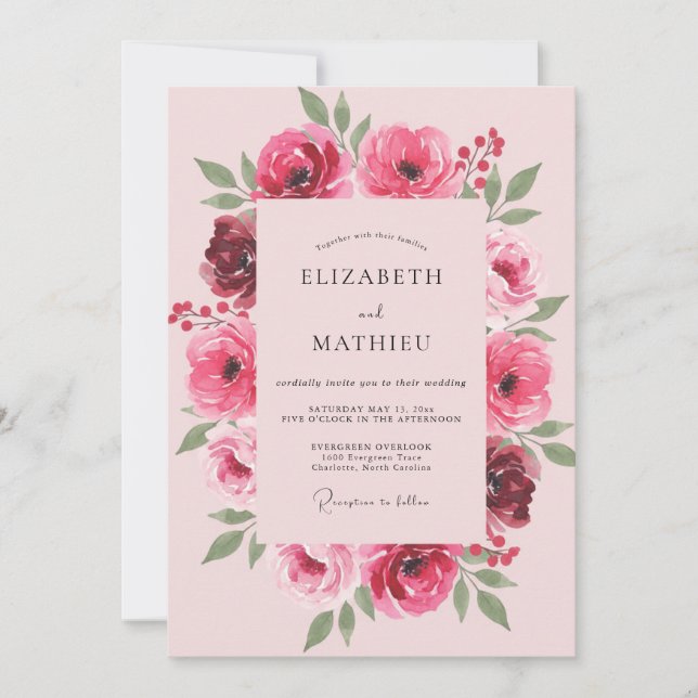 Invitation Mariage Fuchsia Ranunculus Eucalyptus Doux (Devant)