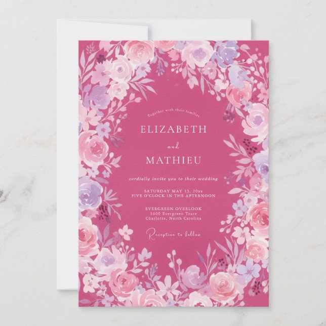 Invitation Mariage Fuchsia Ranunculus Sage (Devant)
