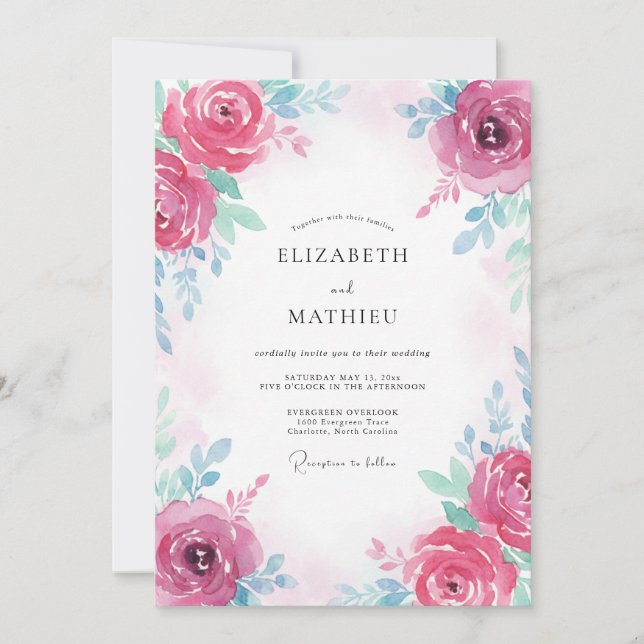 Invitation Mariage Fuchsia Rose et sarcelle (Devant)