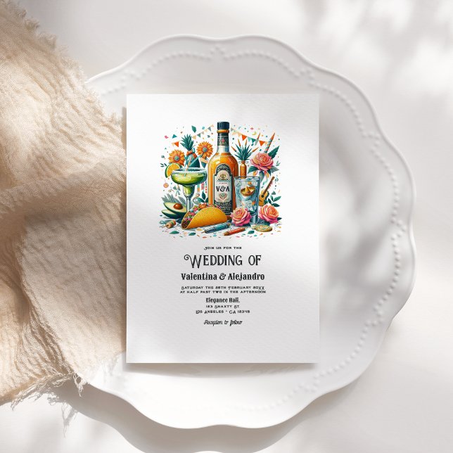 Invitation Mariage Fun Tacos et Tequila avec Bouteille à Mono (Fun Tacos and Tequila Wedding with Monogram Bottle Invitation)