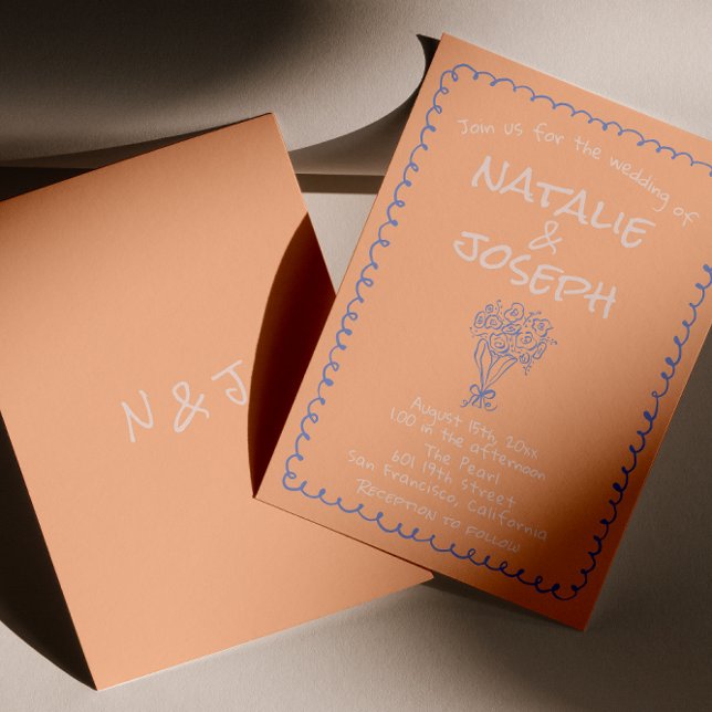 Invitation Mariage funky et original bleu pêche rétro (Créateur téléchargé)